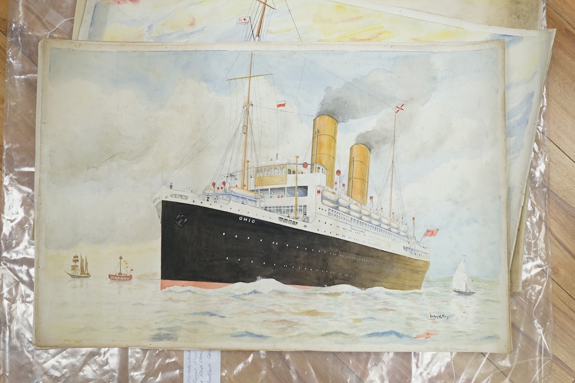 John Harold Fry (British, 1881-1941), set of eight original watercolours for postcard designs, ocean liners to include SS Resolute Hamburg American Line, SS Bremen Norddeutscher Lloyd Line and SS Atlantis Royal Mail Line